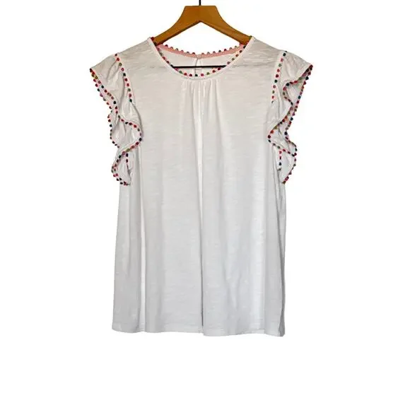 Boden White Pom Trim Ruffle Sleeve Cotton Top Size US 10 - Picture 5 of 9